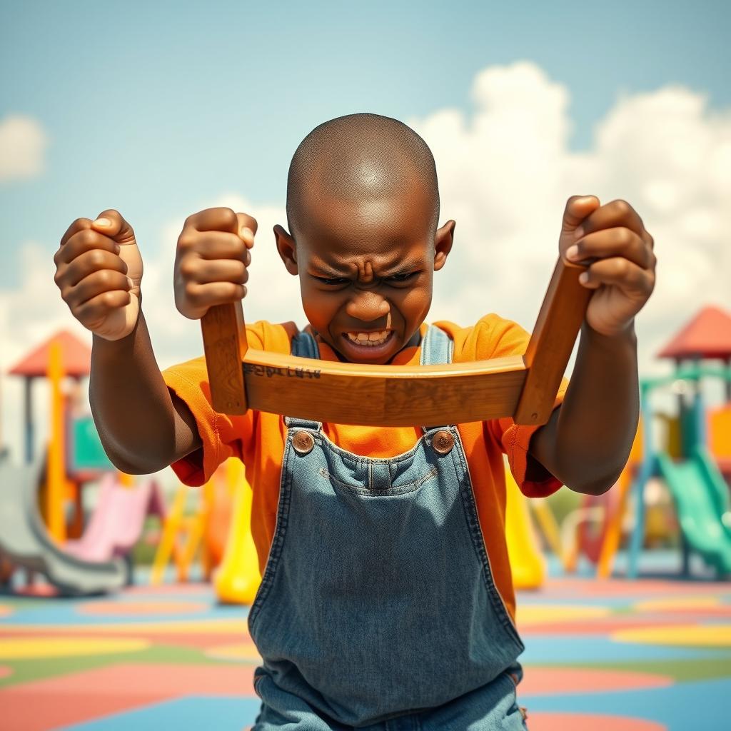 An angry young Black boy, bald, with an expression of frustration, holding a chair tightly in his hands