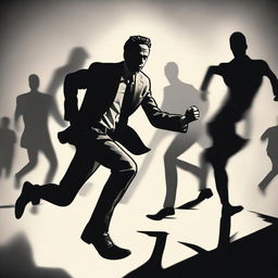 An artistic portrayal of Jordan Peterson in mid-run, with ominous shadowy figures, symbolic of personal demons, fading in the background.