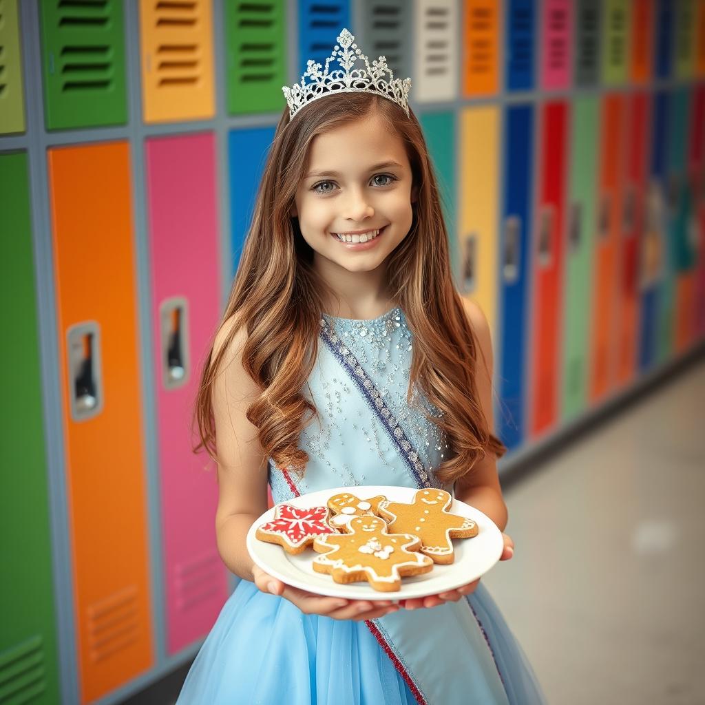 A teenager girl with long light brown hair, wearing an elegant ice blue pageant dress adorned with sequins, complemented by a sparkling tiara in her hair