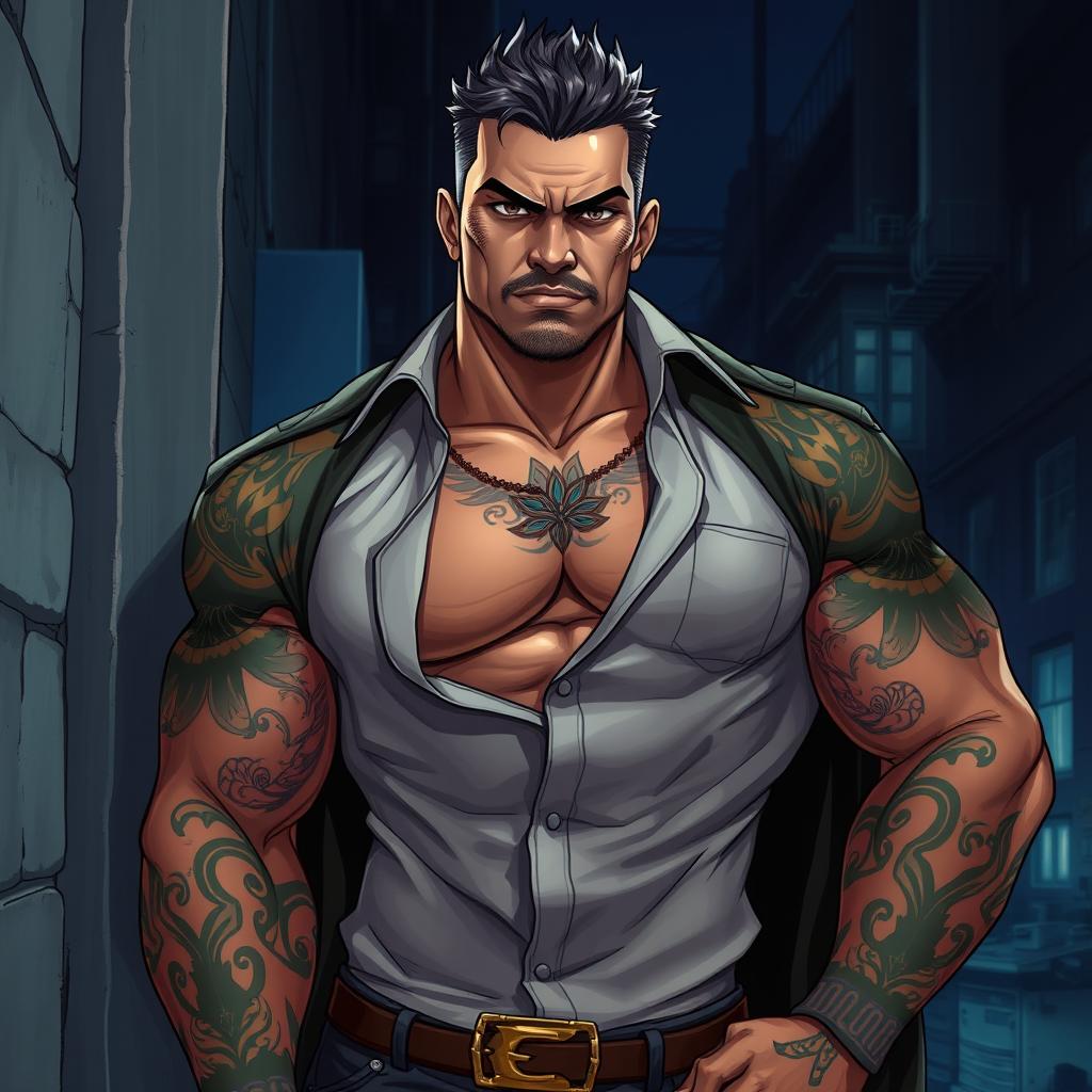 An intimidating middle-aged Asian man with a muscular build, his body covered in intricate tattoos