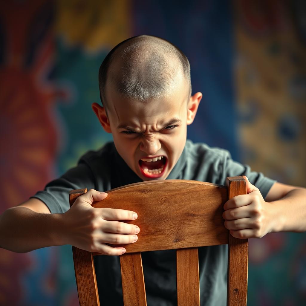 An angry young boy with a bald head, expressing his emotions intensely, holding a sturdy wooden chair with both hands