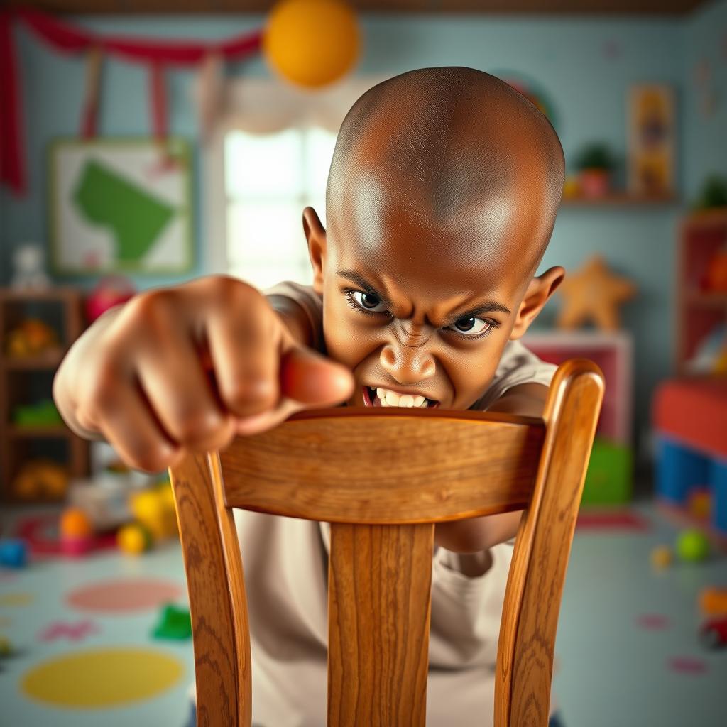 A scene featuring an angry bald boy with brown skin, furiously aiming a wooden chair towards the viewer