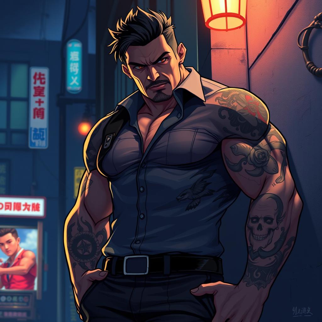 An intimidating middle-aged Asian man with a muscular build, his body adorned with striking tattoos that tell a story