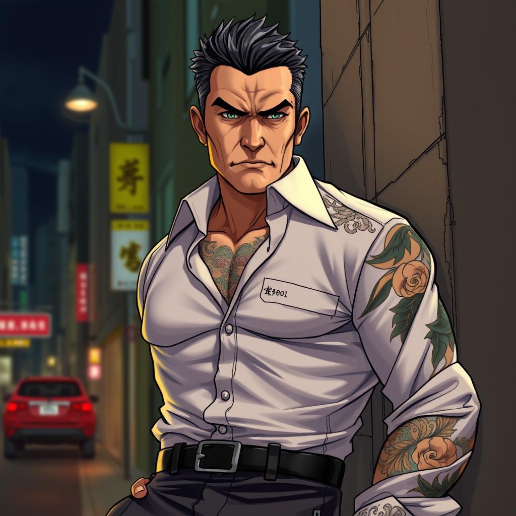 An intimidating middle-aged Japanese man with a slightly buff physique, his body adorned with detailed tattoos that reflect a rich cultural heritage