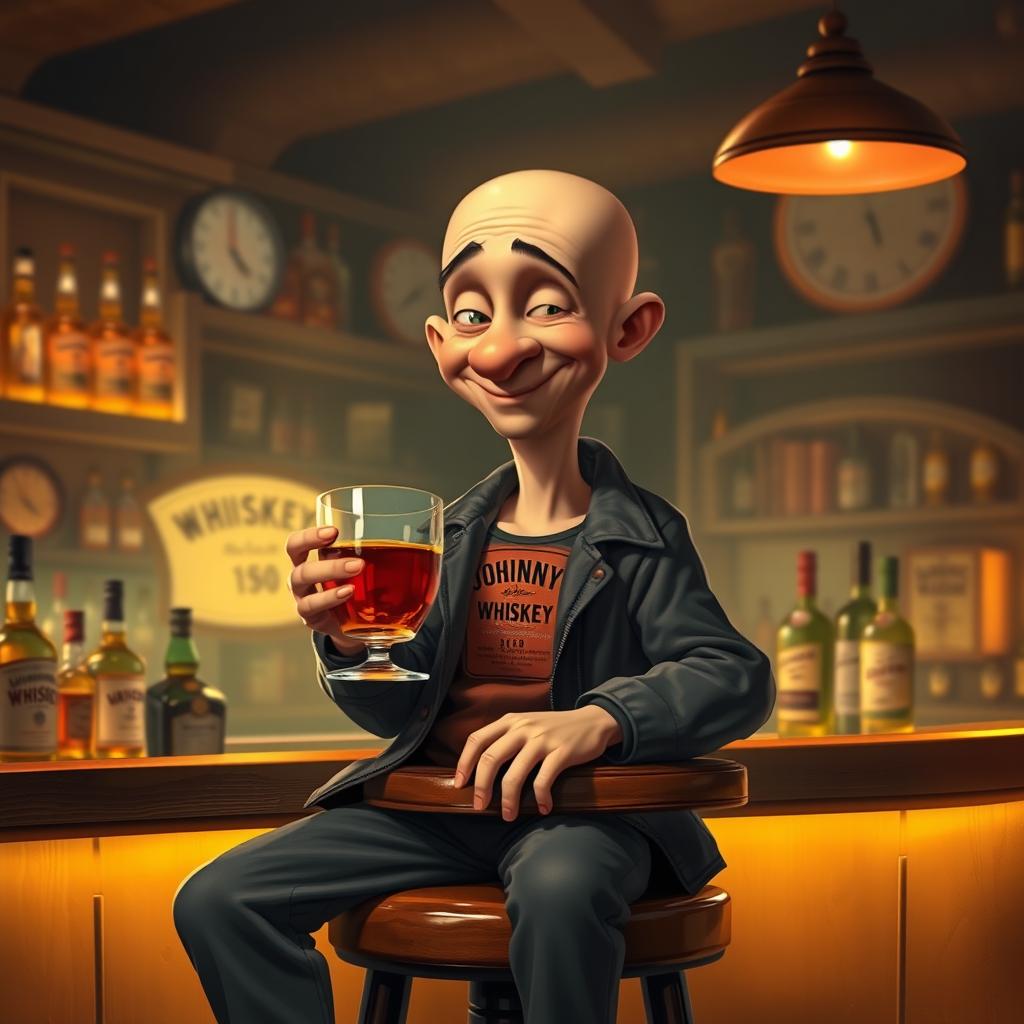 A humorous scene depicting a fictional adult character reminiscent of a child, with a shiny bald head, enjoying a glass of Johnny Lawrence Red Label Whiskey in a cozy bar setting