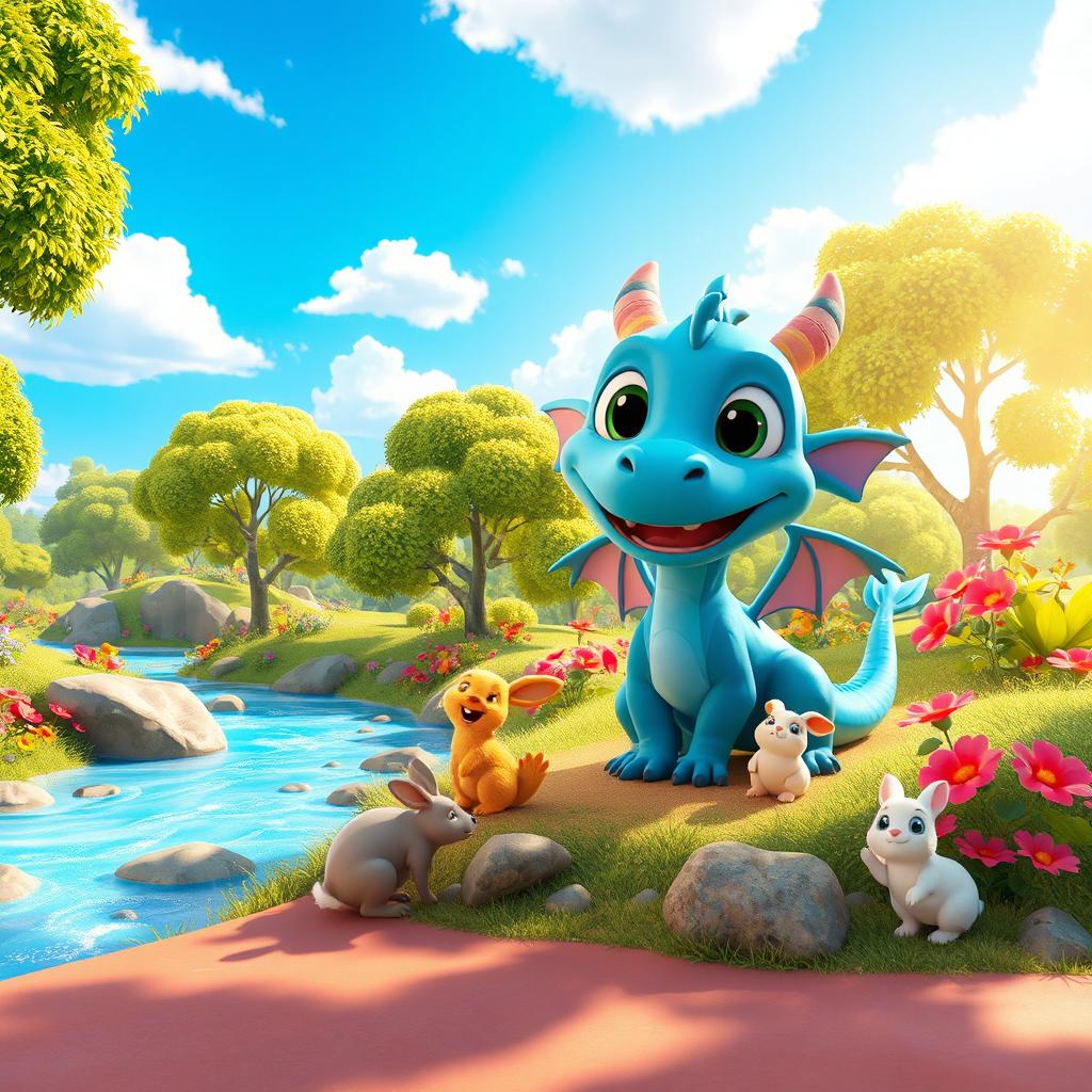 A whimsical 3D cartoon scene in the style of Pixar animation, featuring colorful, playful characters in a vibrant, fantastical environment