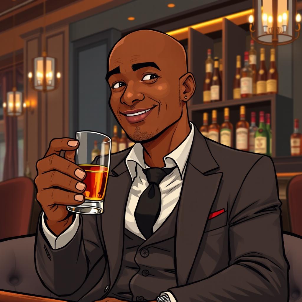 A stylized illustration of an adult man with a bald head and brown skin, dressed in a sophisticated outfit, sitting in a luxurious bar
