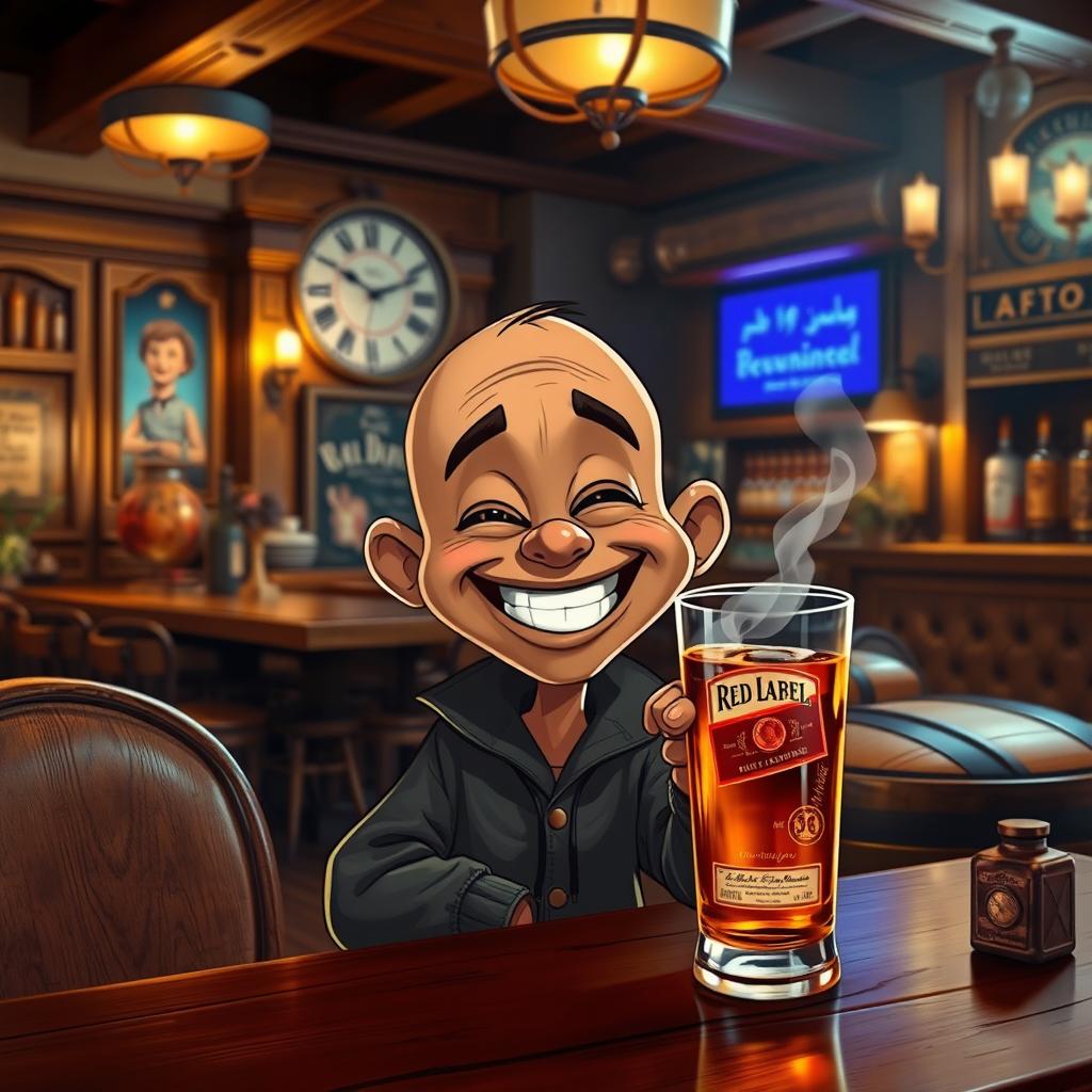 A nostalgic scene capturing a cozy bar environment with rich wood furnishings and warm lighting