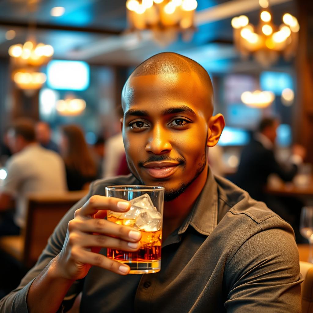 A young adult male with brown skin, bald head, and a confident expression, sitting in an upscale bar environment