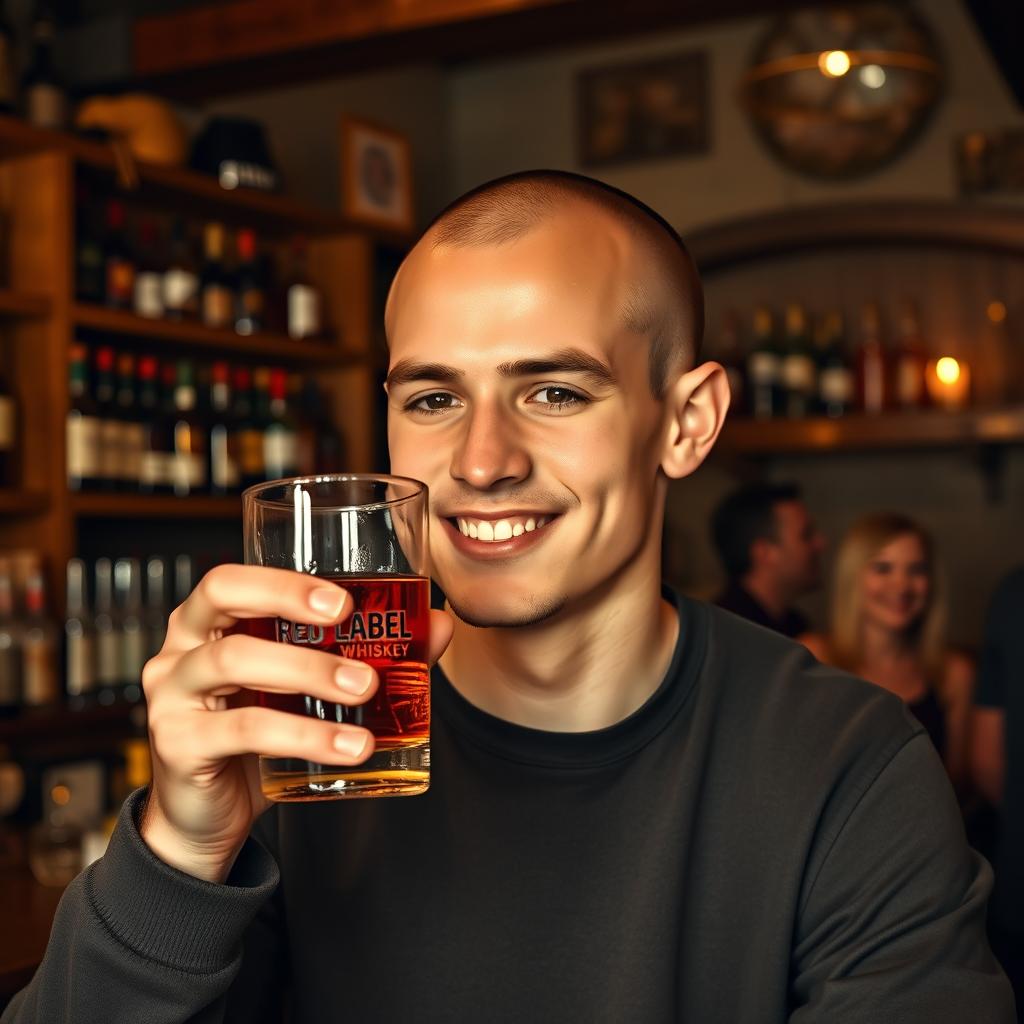 A young man with a smooth, brown bald head, casually enjoying a glass of red label whiskey