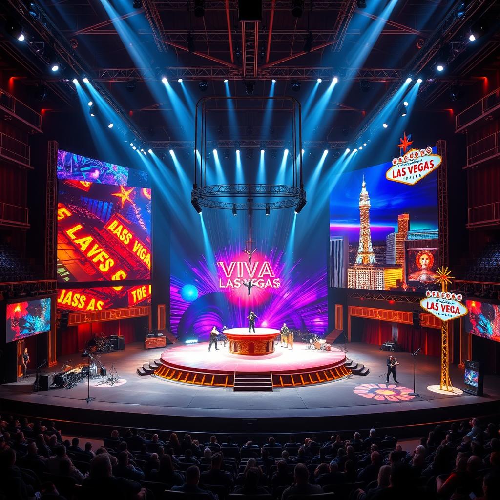 Design a large circus stage for a performance titled "¡Viva Las Vegas!" in the style of Cirque Du Soleil