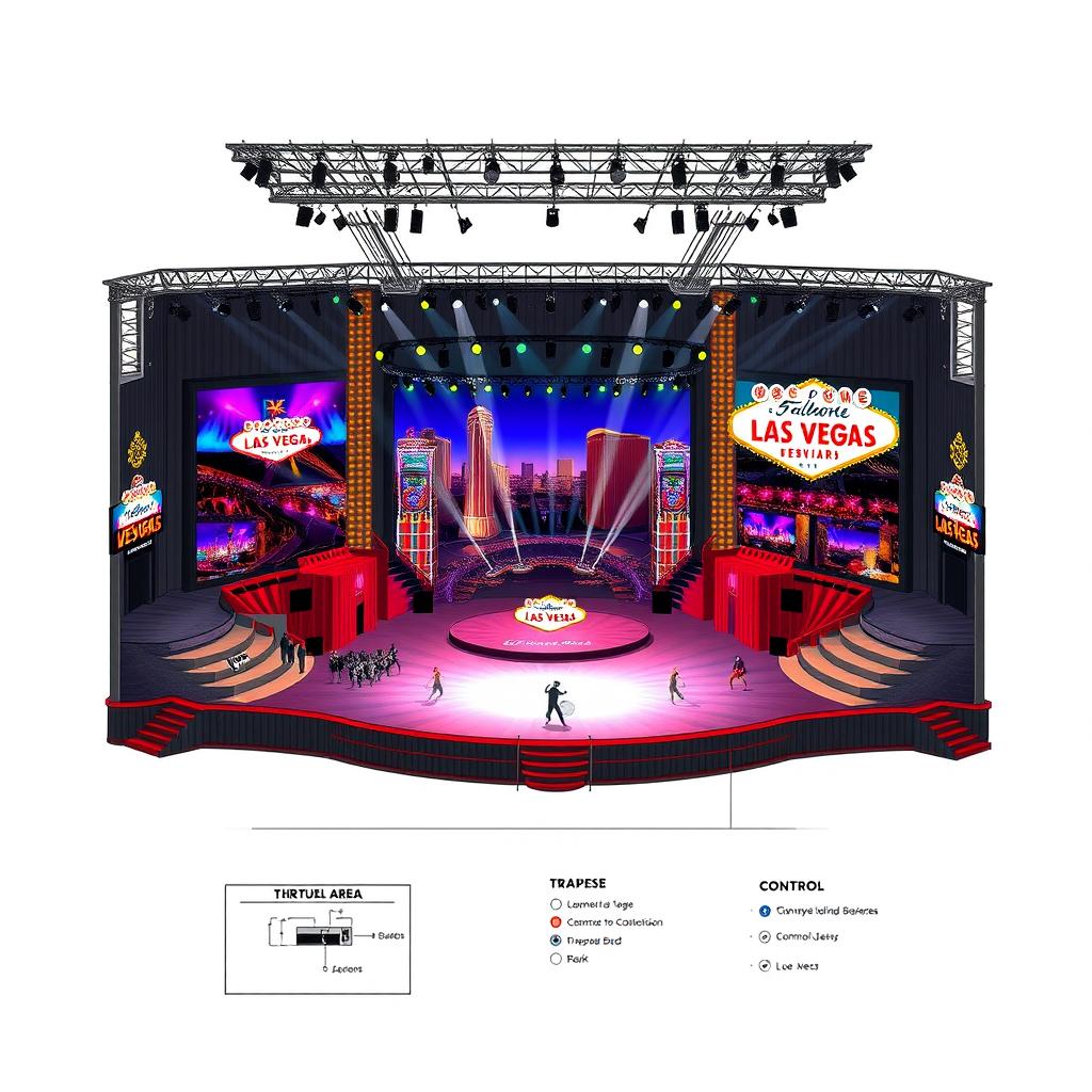 A detailed design layout for a grand circus stage inspired by Cirque Du Soleil for the presentation titled "¡Viva Las Vegas!"