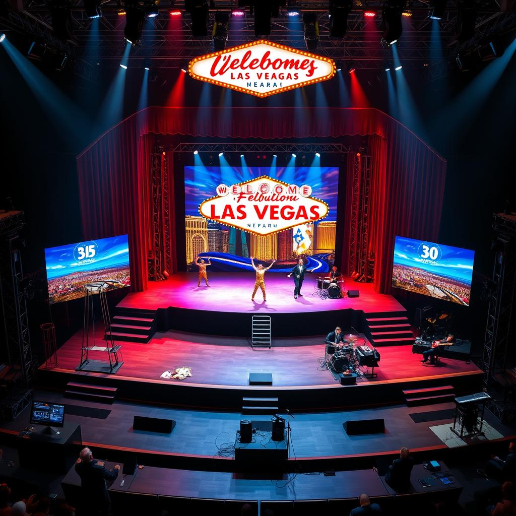 A detailed layout of a Cirque Du Soleil inspired circus stage for the presentation "¡Viva Las Vegas!" The stage is grand, featuring multiple levels and platforms