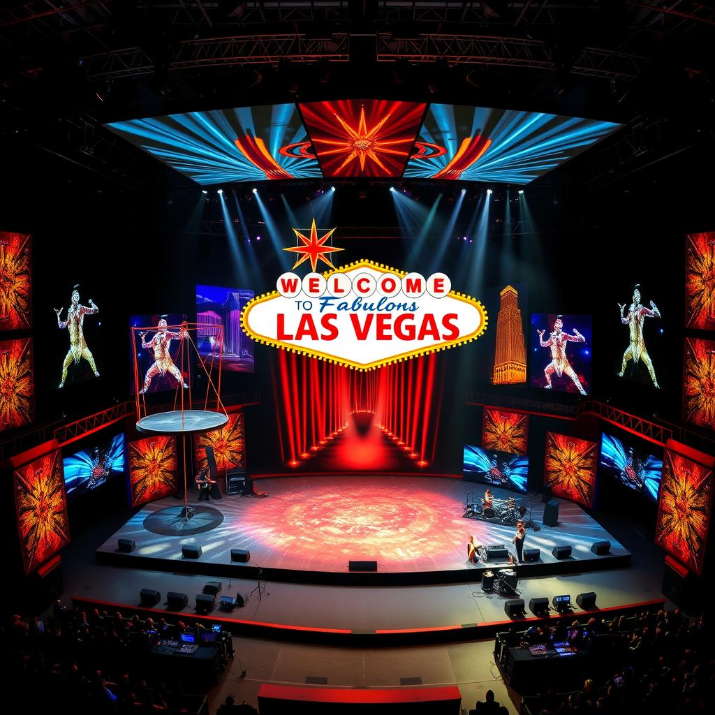 A design layout for a grand circus stage inspired by Cirque Du Soleil for the presentation '¡Viva Las Vegas!'