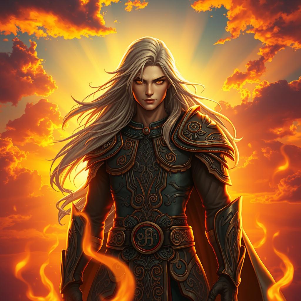 A fantasy character stands heroically against a vibrant sunset background, surrounded by dazzling animations of sunlight and flickering flames