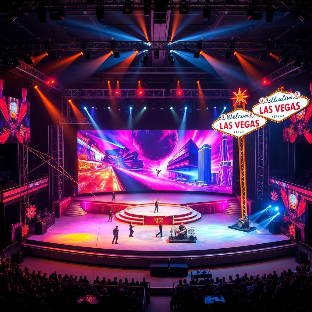 A vibrant and grand circus stage design inspired by the colorful energy of Cirque Du Soleil, specifically themed around '¡Viva Las Vegas!'