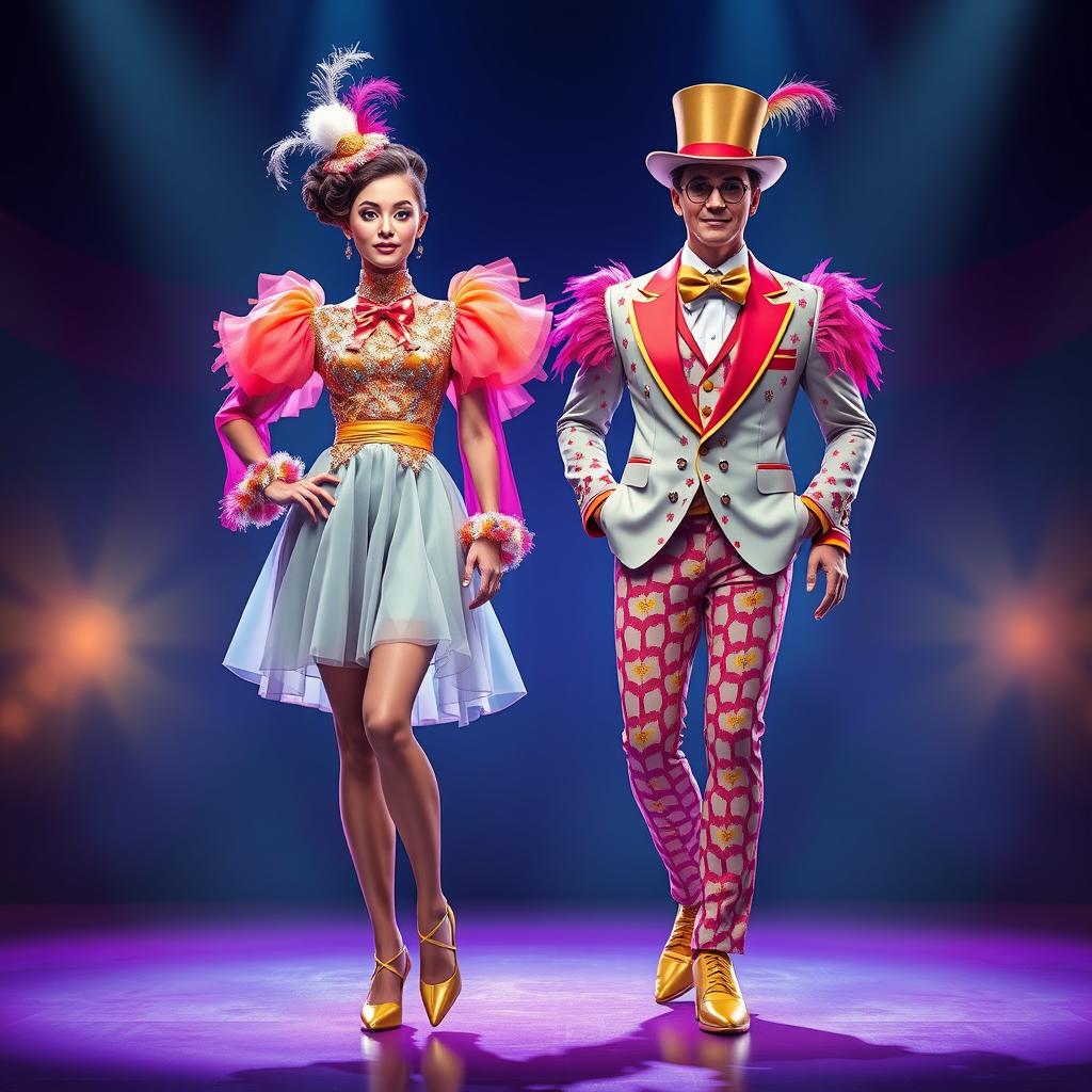 A vibrant, eye-catching costume design concept for a humorous circus show titled "¡Viva Las Vegas!" inspired by Cirque Du Soleil, showcasing innovative and beautiful outfits