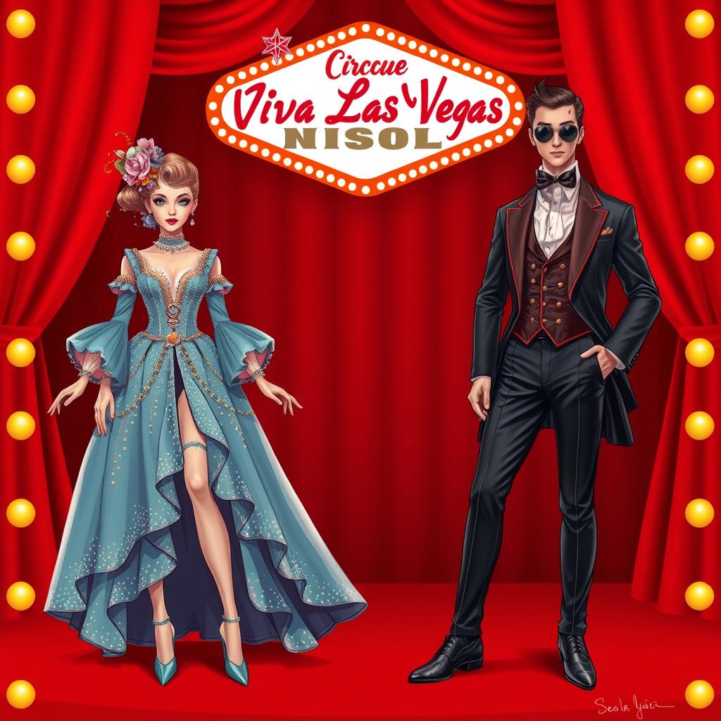 Designs for the costumes of a humorous circus show titled '¡Viva Las Vegas!', inspired by Cirque Du Soleil, featuring innovative and beautiful outfits