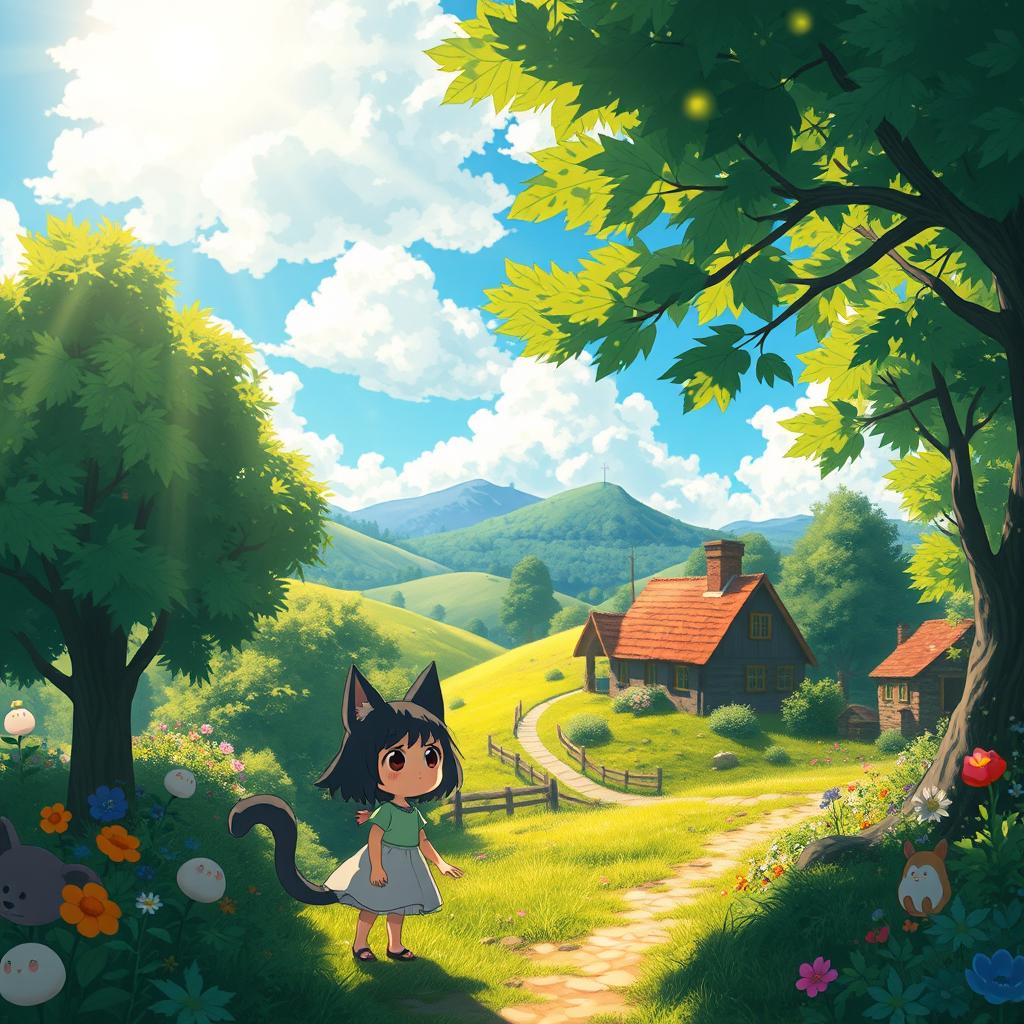 A whimsical landscape inspired by Studio Ghibli, featuring a vibrant, lush forest filled with fantastical creatures