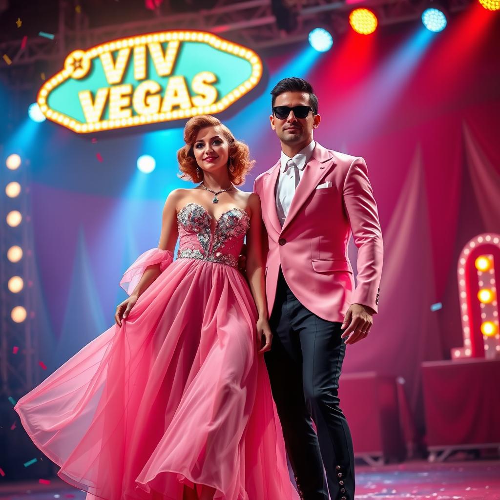 A vibrant and glamorous circus performance themed around '¡Viva Las Vegas!'