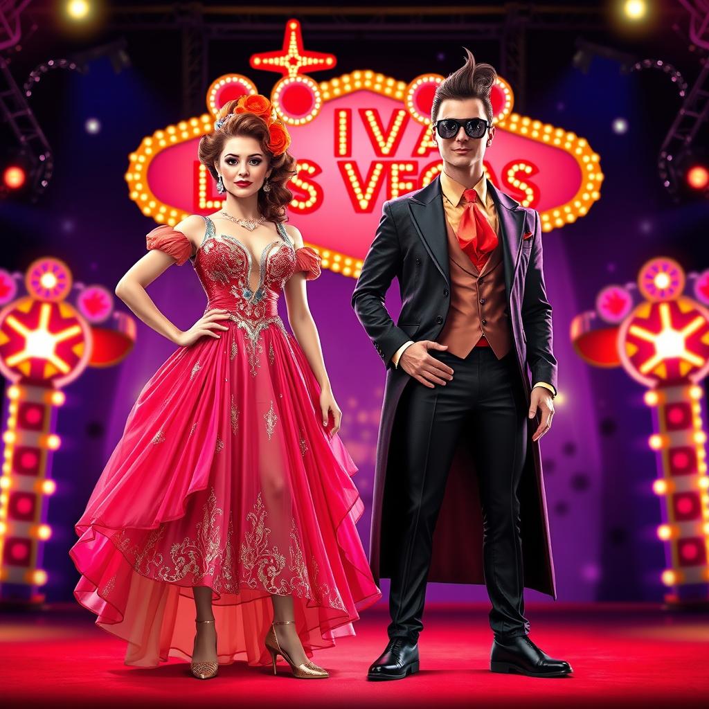 A stunning and innovative costume design for a humorous circus show titled "¡Viva Las Vegas!", inspired by Cirque Du Soleil