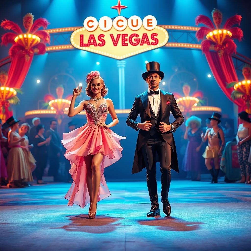 An extravagant circus performance titled "¡Viva Las Vegas!" in the whimsical style of Cirque Du Soleil, featuring a vibrant array of costumes inspired by the glamour of the 1960s