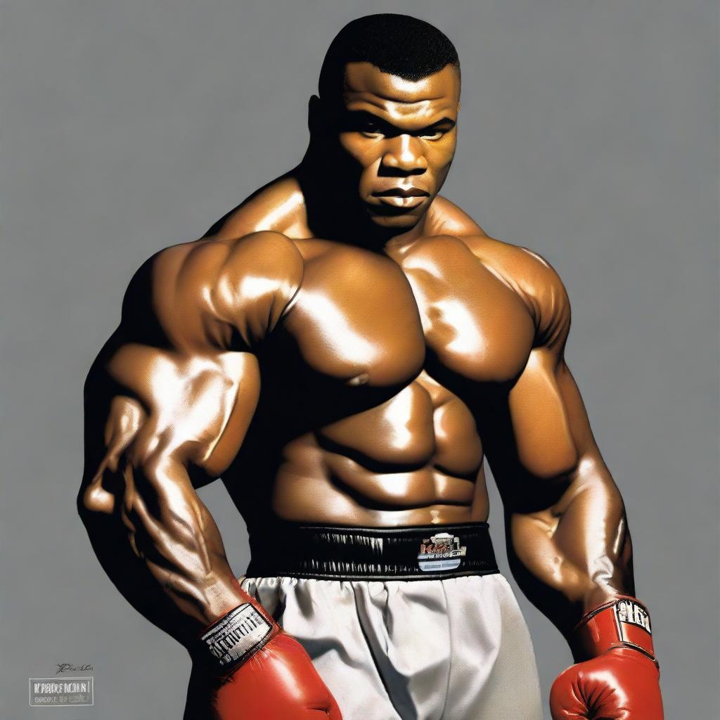 A detailed portrait of Mike Tyson in his prime, showcasing his muscular physique and fierce determination.