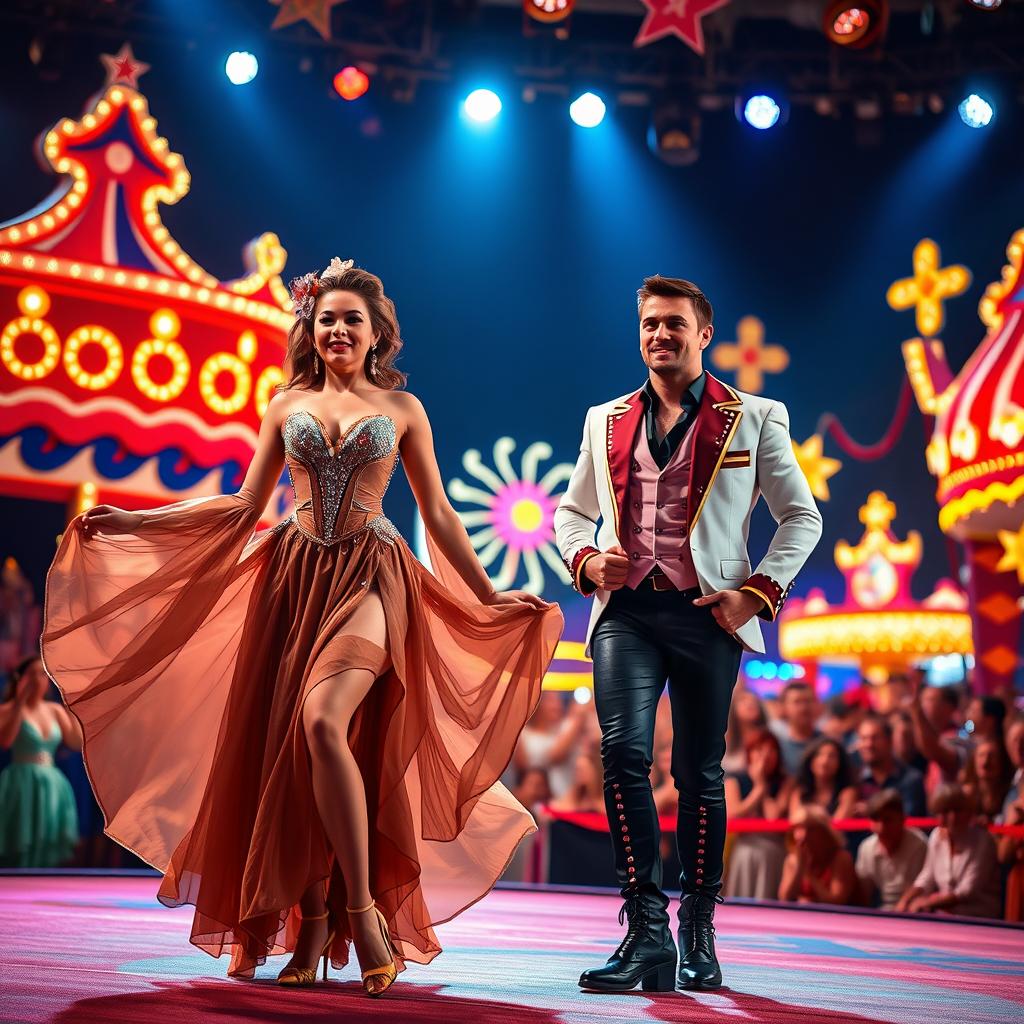 A vibrant and glamorous circus performance scene titled "¡Viva Las Vegas!", inspired by Cirque Du Soleil