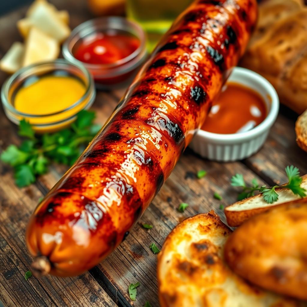 A close-up view of a hot, freshly grilled sausage, its glistening skin slightly charred and juicy