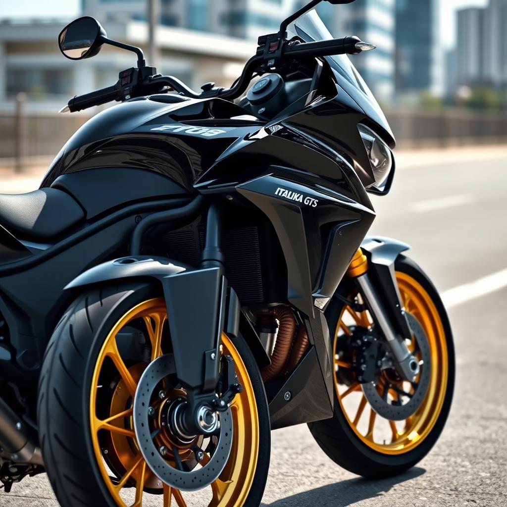 A sleek Italika 250 GTS motorcycle in glossy black finish featuring striking golden rims