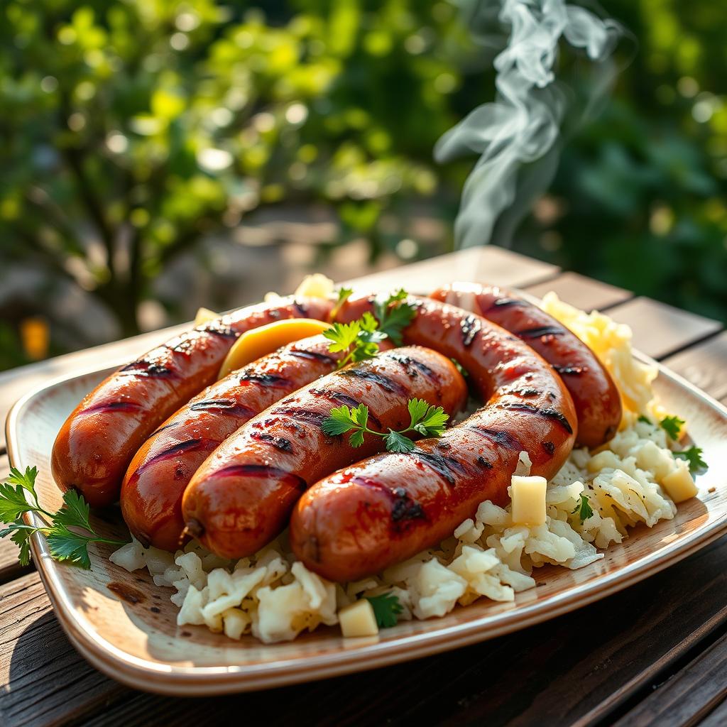 A delicious plate of grilled sausages served with sauerkraut and mustard, garnished with fresh parsley