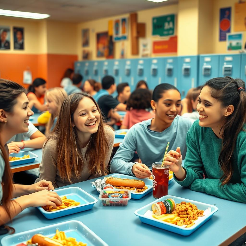 A scene in a vibrant school cafeteria, filled with colorful lunch trays and students engaging with each other, some laughing and chatting at tables
