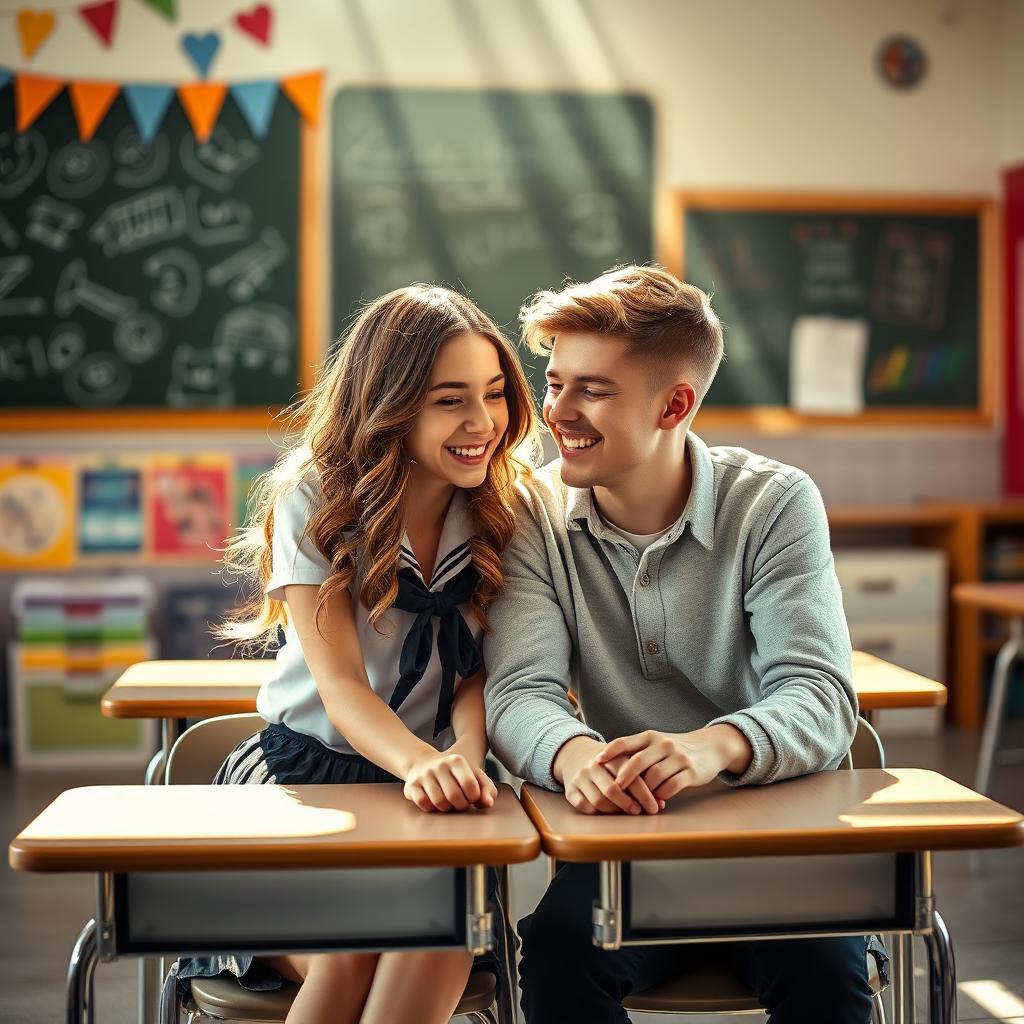 A romantic scene of two students sitting closely together at a school desk, sharing a lighthearted moment