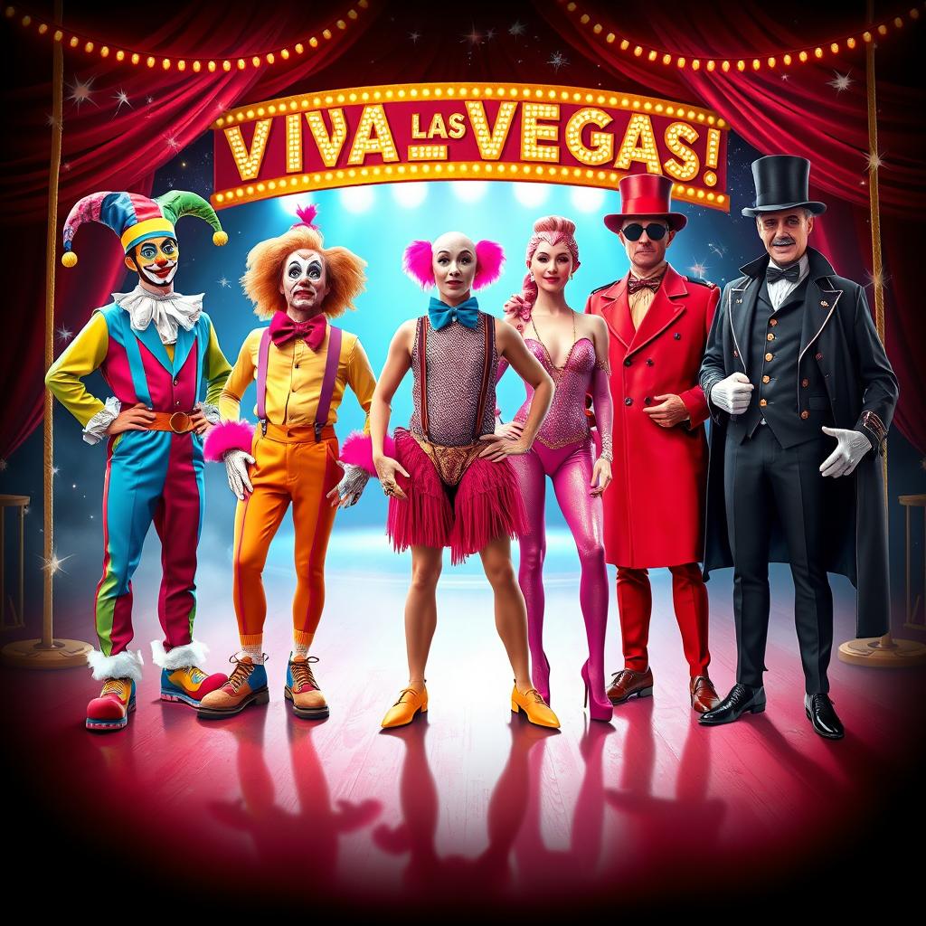 A vibrant, surreal circus costume design for a humorous circus show titled "¡Viva Las Vegas!" inspired by the glamour of 1960s Las Vegas
