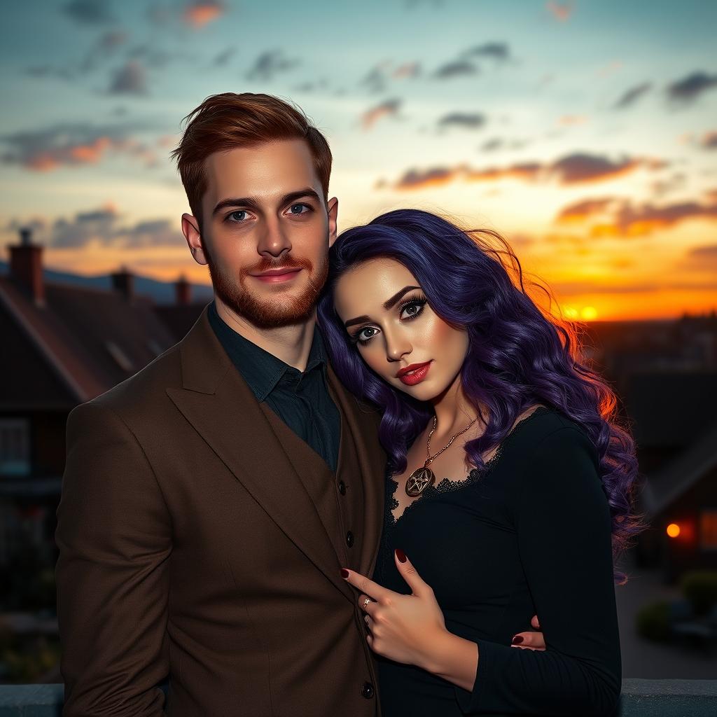 A sweet romantic scene depicting a couple at sunset in a small town