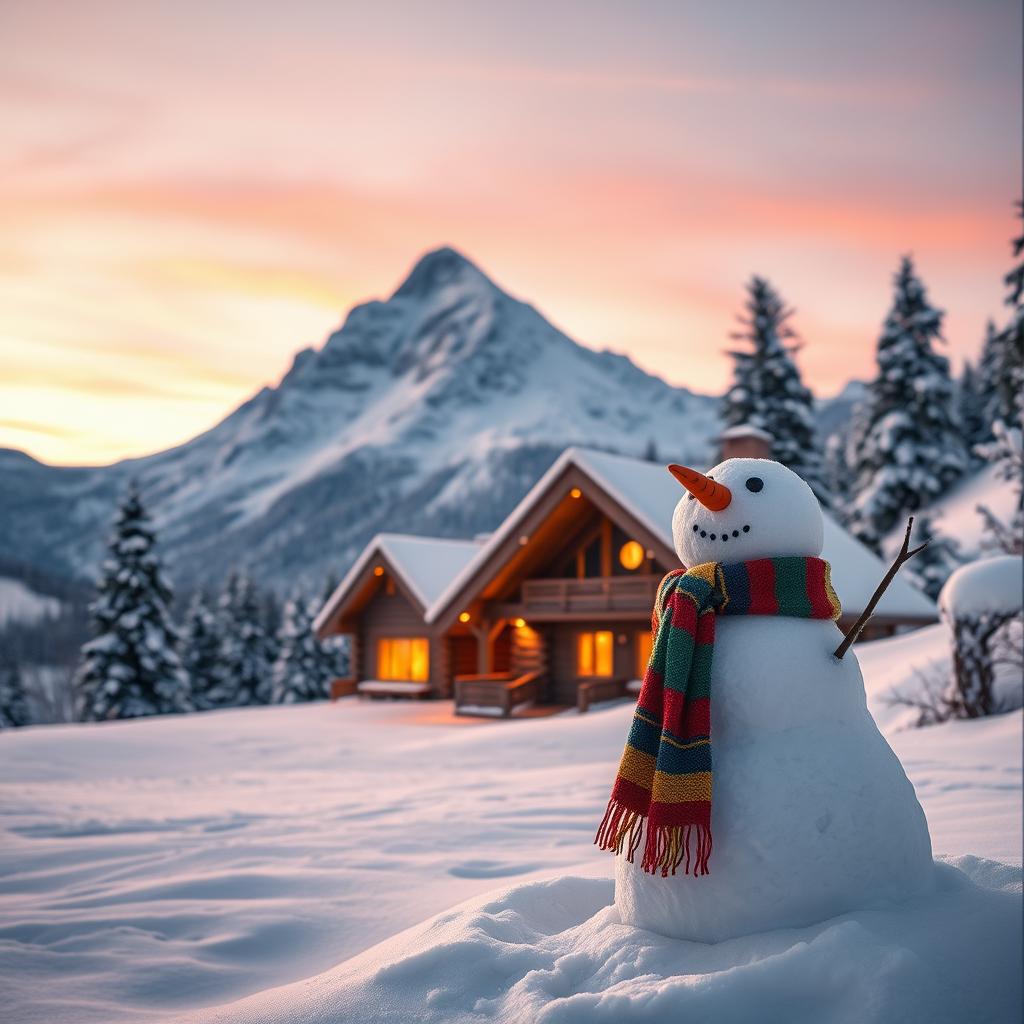 An enchanting winter scene featuring a cozy log cabin nestled in the snow-covered mountains, with warm light glowing from the windows
