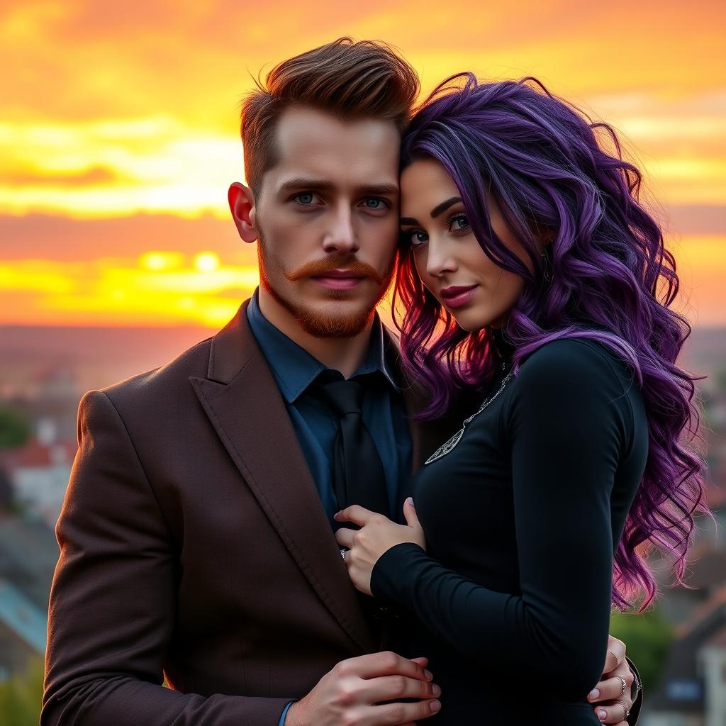 A sweet romantic image of a couple during sunset in a quaint small town