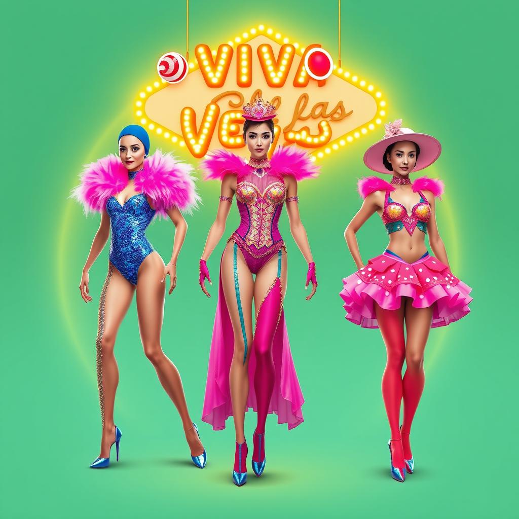A vibrant and colorful costume design for a humorous circus show titled "¡Viva Las Vegas!" inspired by the glamour of Las Vegas in the 60s