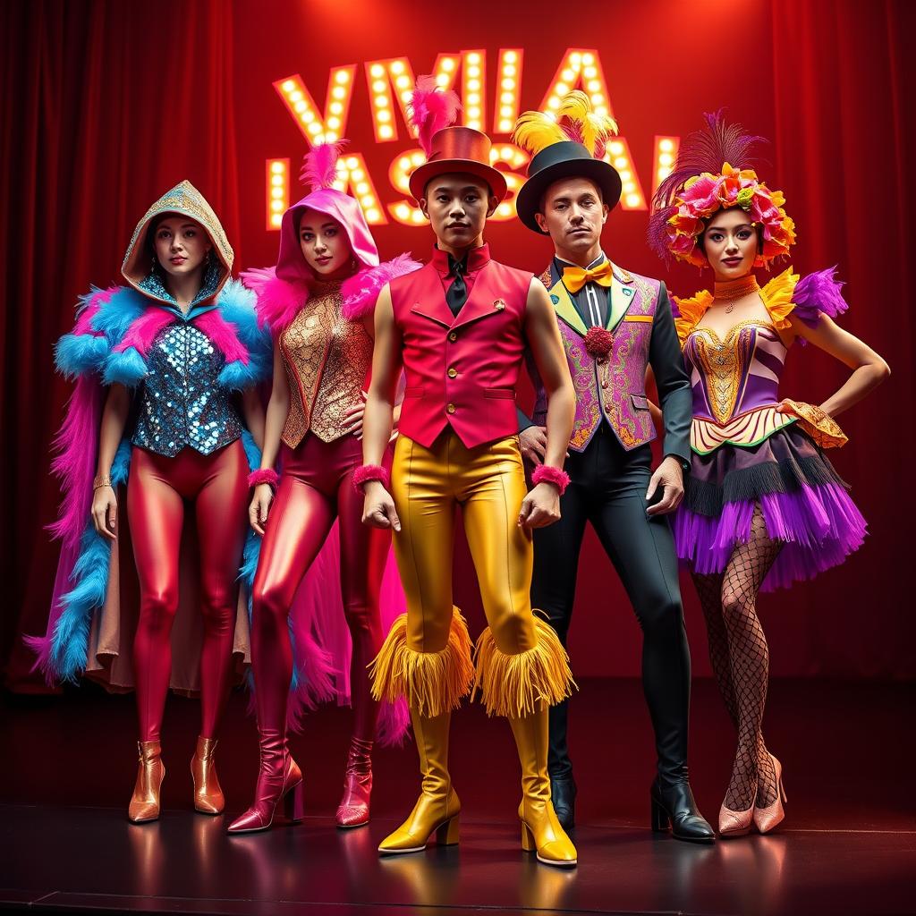 A vibrant and whimsical circus costume design for a humorous show titled '¡Viva Las Vegas!', inspired by the glamour of Las Vegas in the 1960s