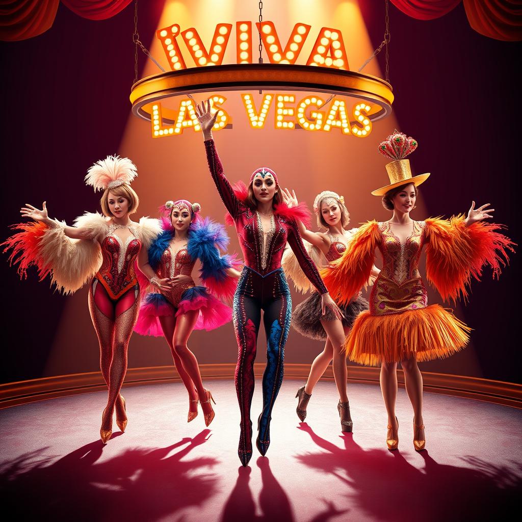 A vibrant and imaginative costume design for a humorous circus show titled "¡Viva Las Vegas!" inspired by the glamour and excess of 1960's Las Vegas