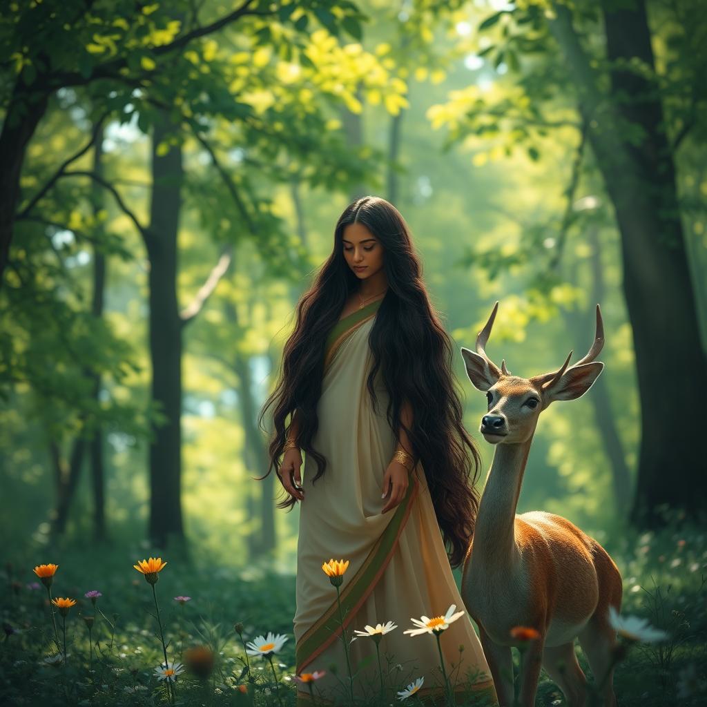 A serene forest scene featuring Seetha, a woman with long flowing hair, wearing a beautiful traditional dress