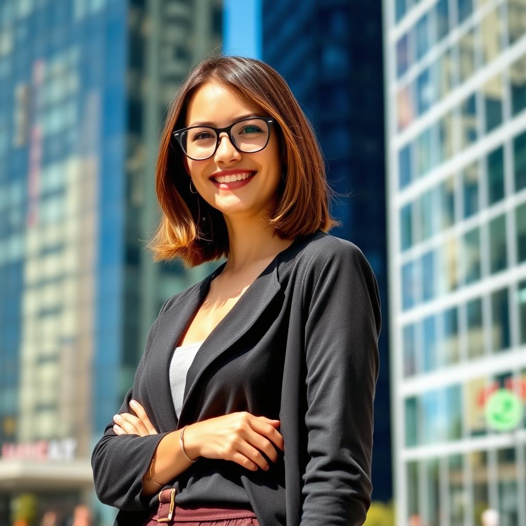 A woman standing confidently with shoulder-length brown hair and glasses, wearing a stylish outfit