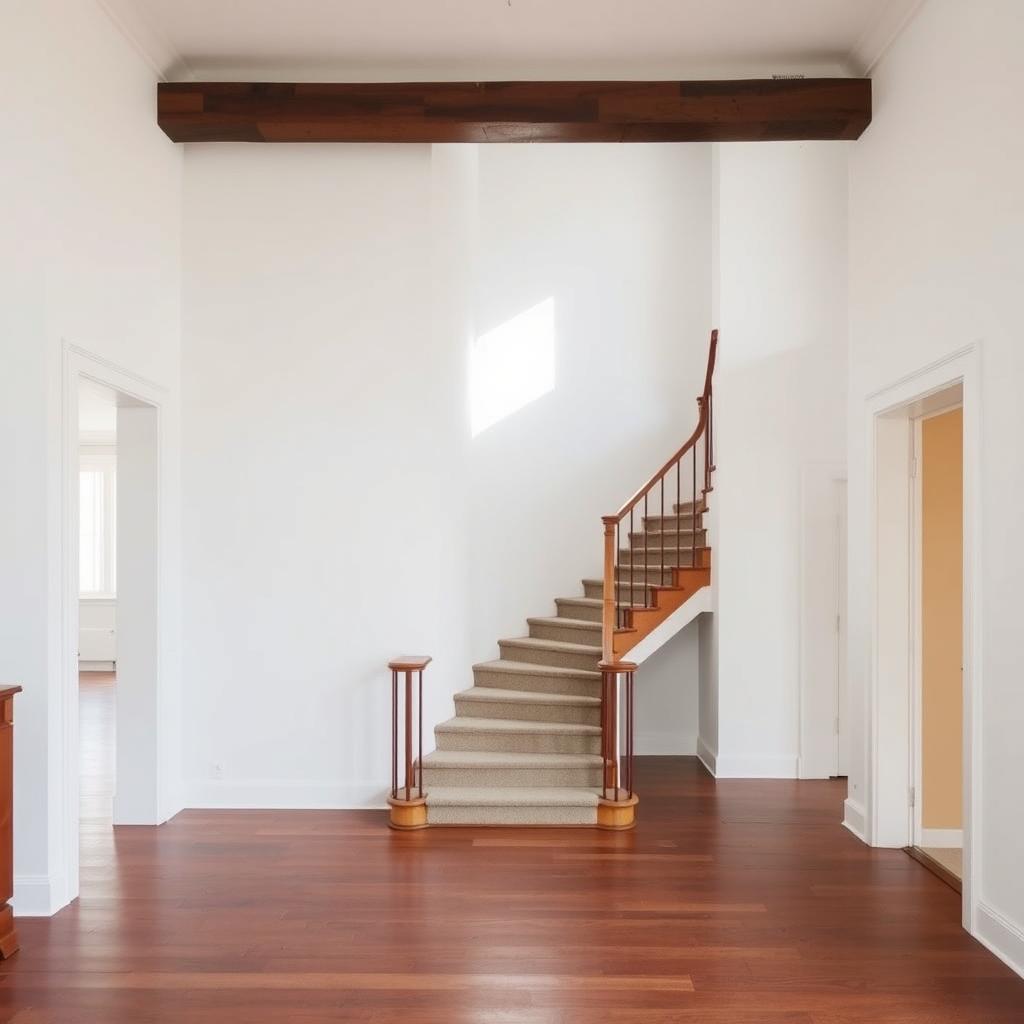 An interior space featuring a downward staircase, complemented by an open passage
