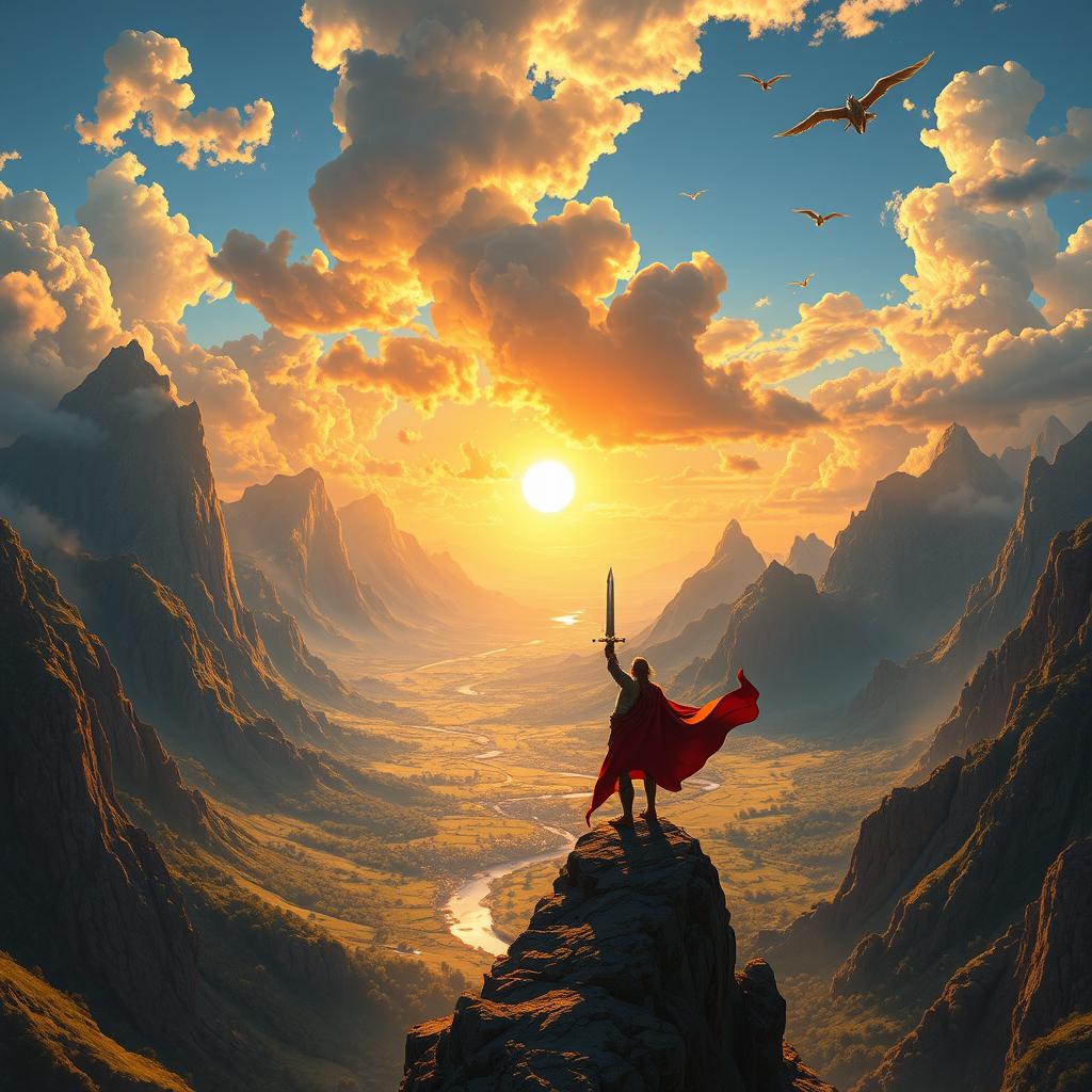 A breathtaking and magnificent landscape showcasing a fantasy world with towering mountains and a vibrant sunset