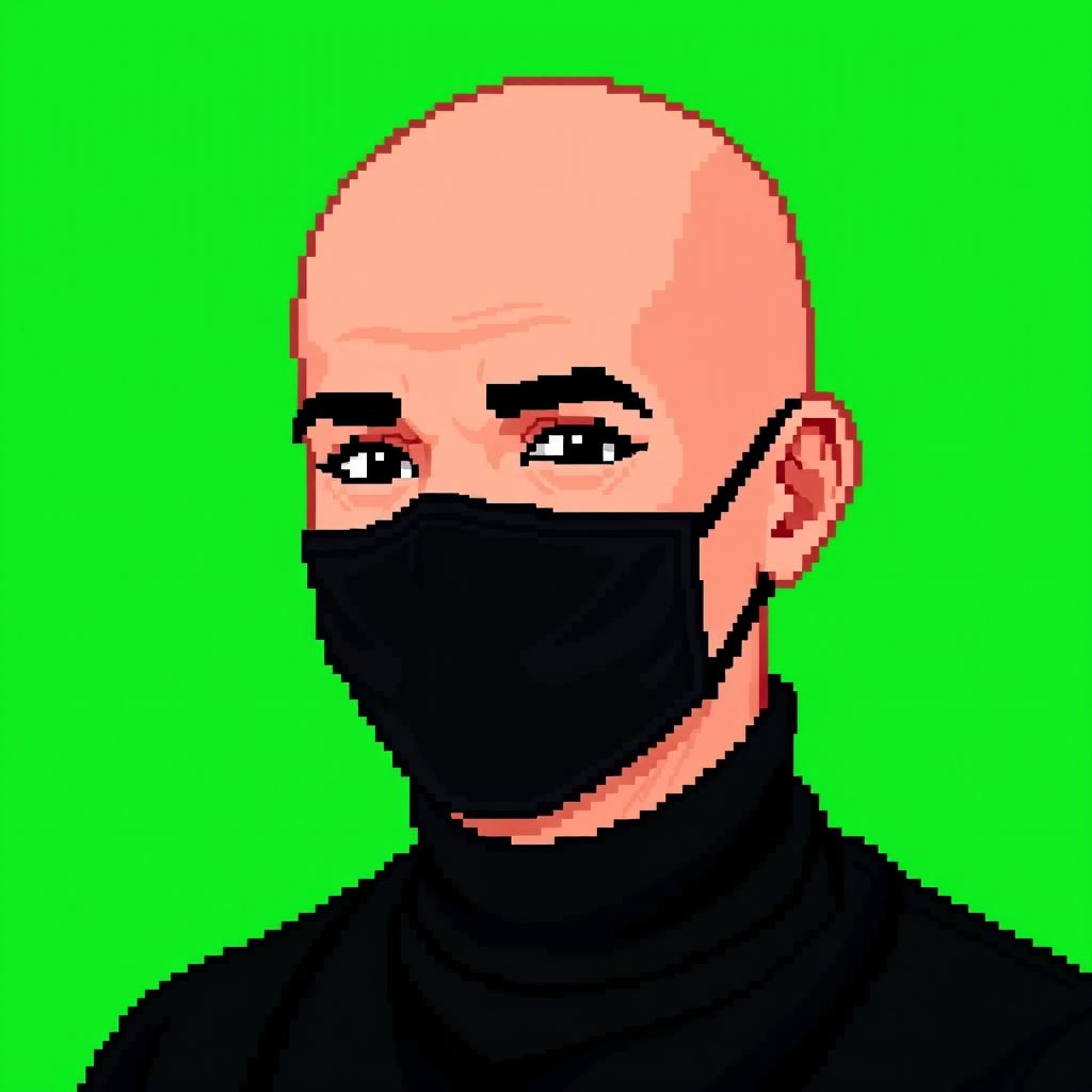 A pixel art style image featuring a bald man with fair skin, dressed entirely in black clothing and wearing a completely black medical mask on his face