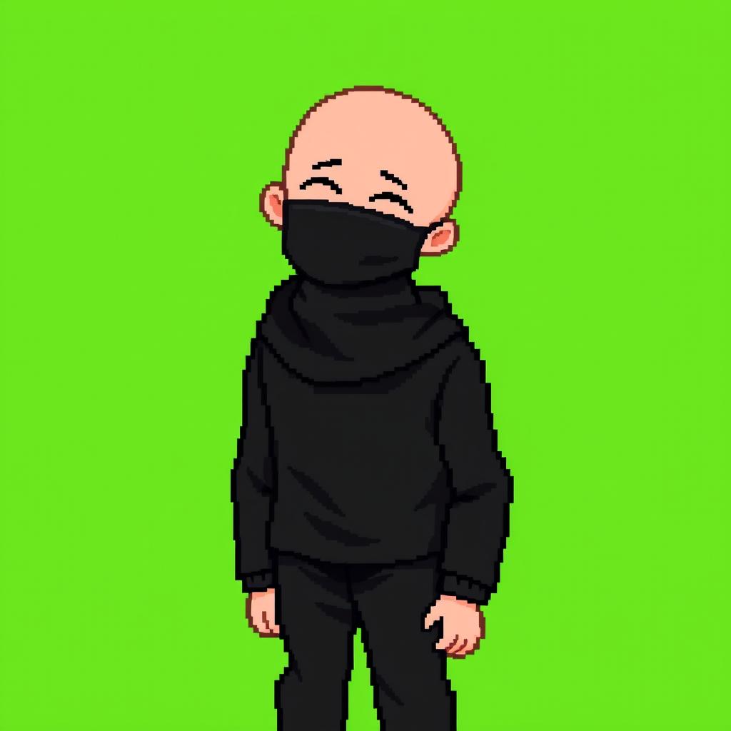 A pixel art style image depicting a fair-skinned, bald man dressed entirely in black clothing, wearing a completely black medical mask that covers his face