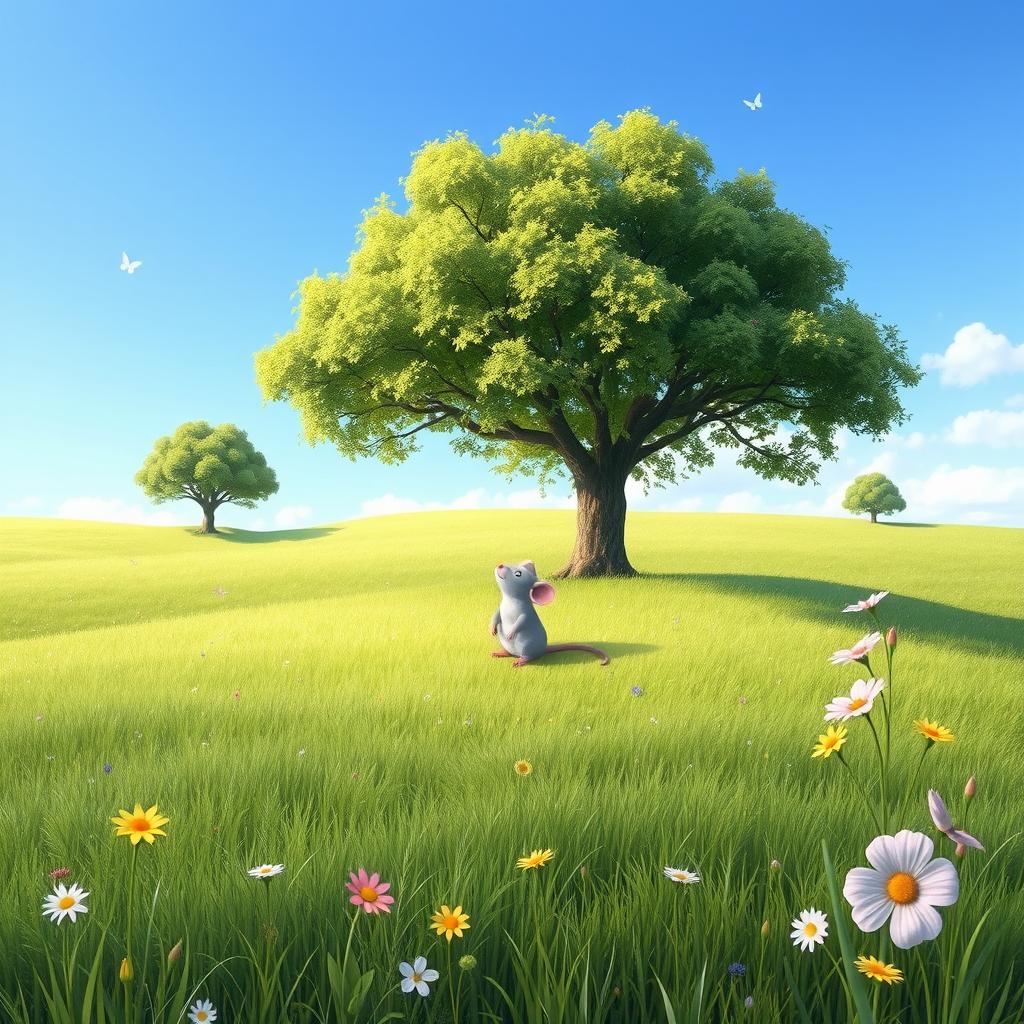 A small, gray mouse named Mousey sitting peacefully in a serene meadow