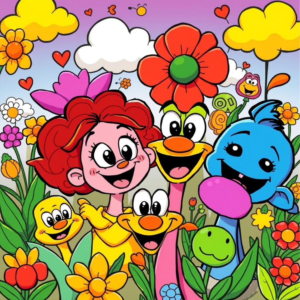 A vibrant and colorful cartoon-style rendition of a lively scene, showcasing exaggerated features and lively expressions