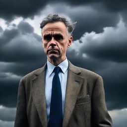 A dramatic image of Jordan Peterson standing firm amidst brooding storm clouds, his face reflecting a palpable sense of impending doom.