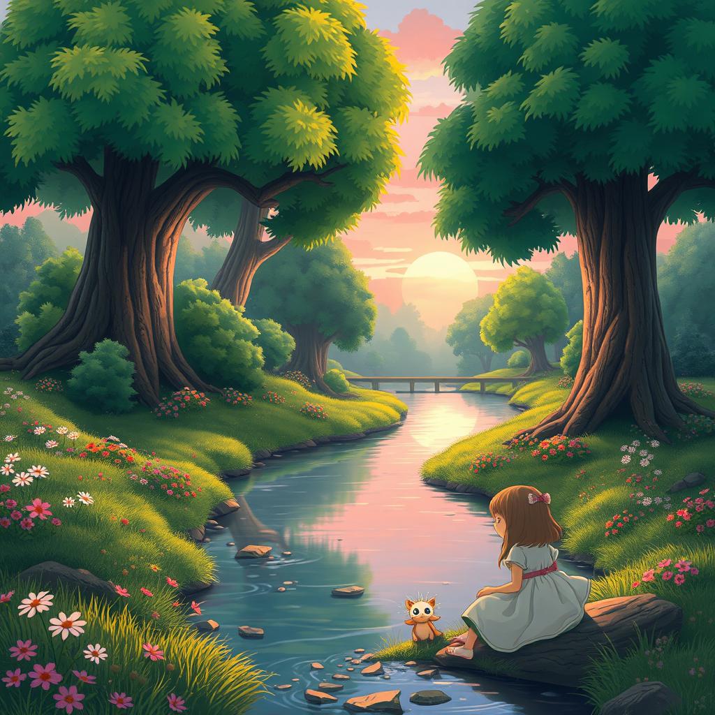A whimsical fantasy landscape featuring a vibrant, lush green forest with gigantic trees, colorful flowers, and small, fluffy creatures peeking out from behind the foliage
